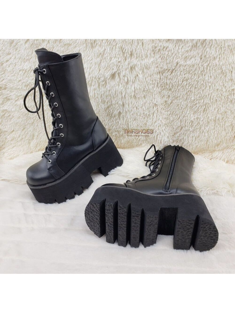 Ashes Black Matte Platform Goth Punk Mid Calf Combat Boots - Picture 7 of 14